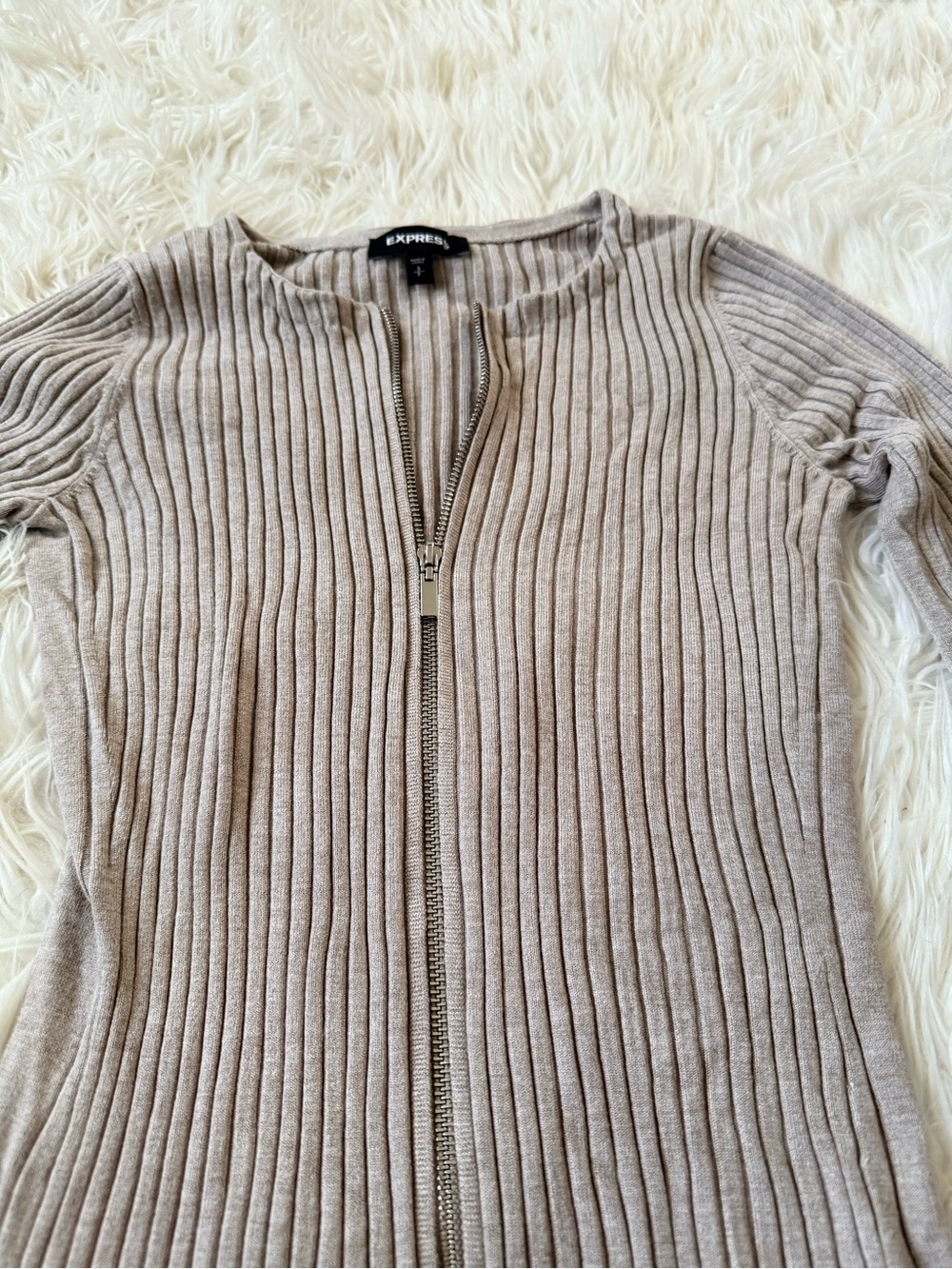 Express Zip-Front Ribbed Sweater - Taupe - Picture 3 of 5